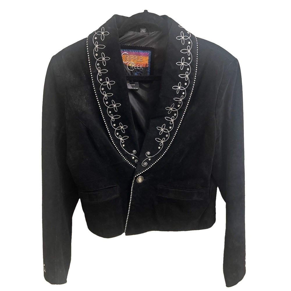 VTG Cripple Creek Large Black Leather Suede Jacket Metal Stud Embellish Cropped